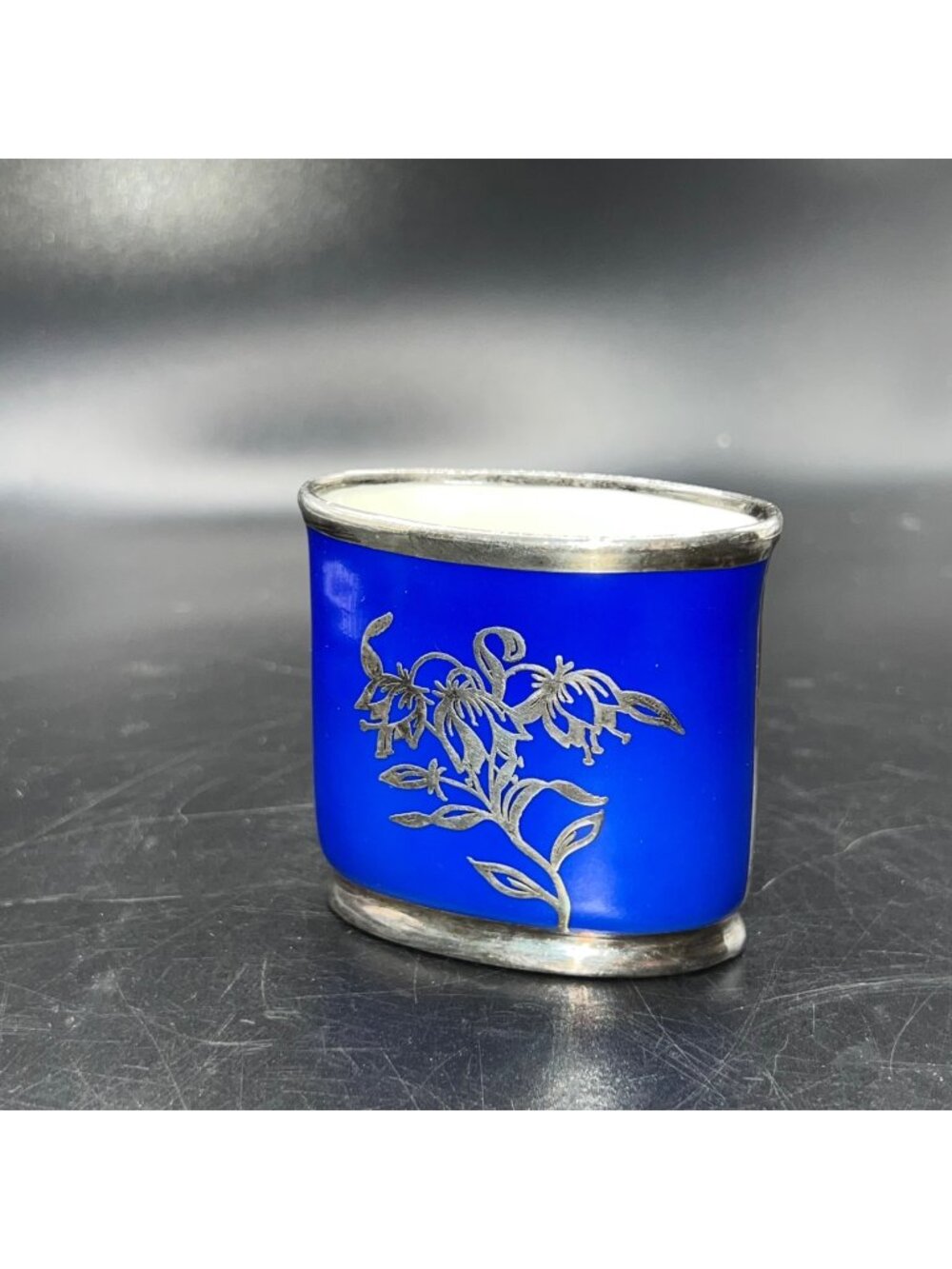 Vintage Eschenbach Germany US-Zone Blue Porcelain Vase With Silver Floral Overla